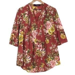 VTG DENIM 24/7 100% Cotton Pintuck Tunic Top Plus Sz 16W Floral Button Cottage